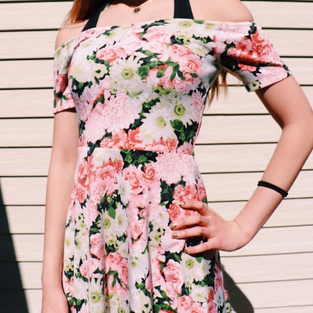 Pink Floral Off the Shoulder Dress